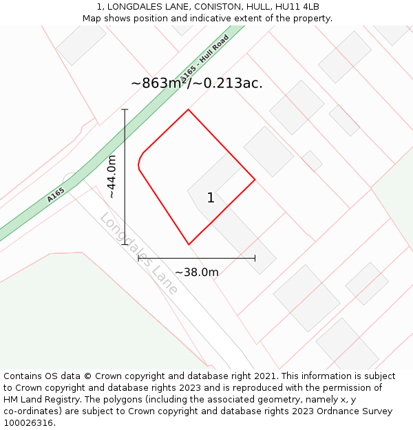 1, LONGDALES LANE, CONISTON, HULL, HU11 4LB: Plot and title map