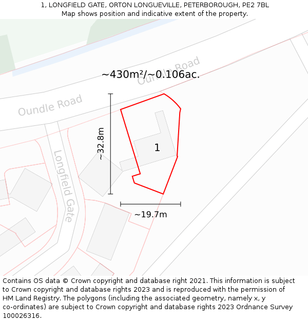 1, LONGFIELD GATE, ORTON LONGUEVILLE, PETERBOROUGH, PE2 7BL: Plot and title map