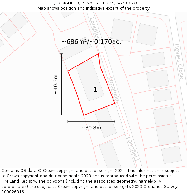 1, LONGFIELD, PENALLY, TENBY, SA70 7NQ: Plot and title map