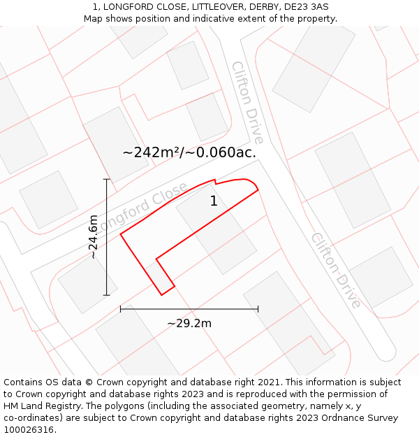 1, LONGFORD CLOSE, LITTLEOVER, DERBY, DE23 3AS: Plot and title map