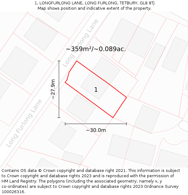 1, LONGFURLONG LANE, LONG FURLONG, TETBURY, GL8 8TJ: Plot and title map