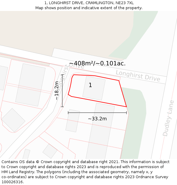 1, LONGHIRST DRIVE, CRAMLINGTON, NE23 7XL: Plot and title map