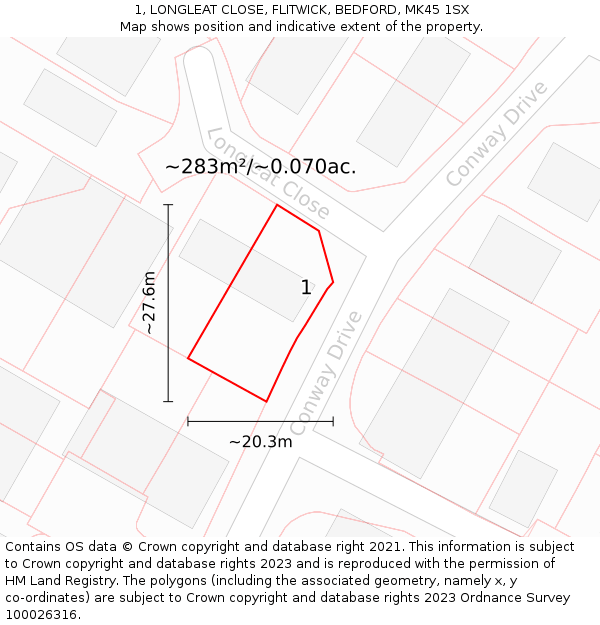 1, LONGLEAT CLOSE, FLITWICK, BEDFORD, MK45 1SX: Plot and title map