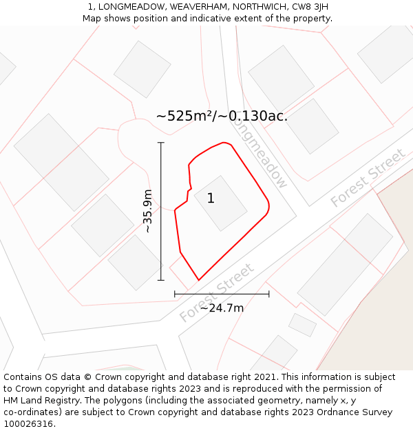 1, LONGMEADOW, WEAVERHAM, NORTHWICH, CW8 3JH: Plot and title map