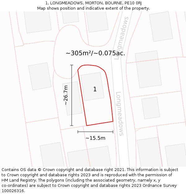 1, LONGMEADOWS, MORTON, BOURNE, PE10 0RJ: Plot and title map