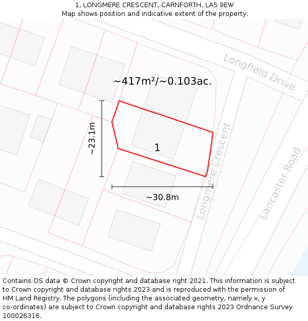 1, LONGMERE CRESCENT, CARNFORTH, LA5 9EW: Plot and title map