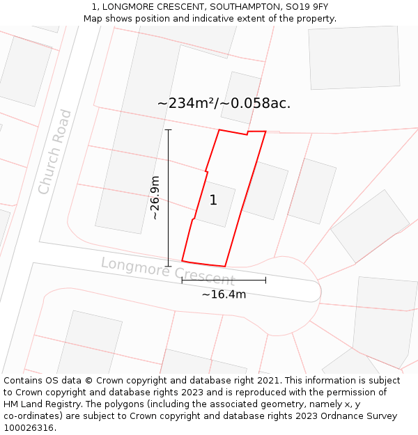 1, LONGMORE CRESCENT, SOUTHAMPTON, SO19 9FY: Plot and title map