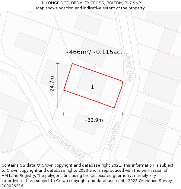 1, LONGRIDGE, BROMLEY CROSS, BOLTON, BL7 9NP: Plot and title map
