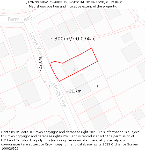 1, LONGS VIEW, CHARFIELD, WOTTON-UNDER-EDGE, GL12 8HZ: Plot and title map