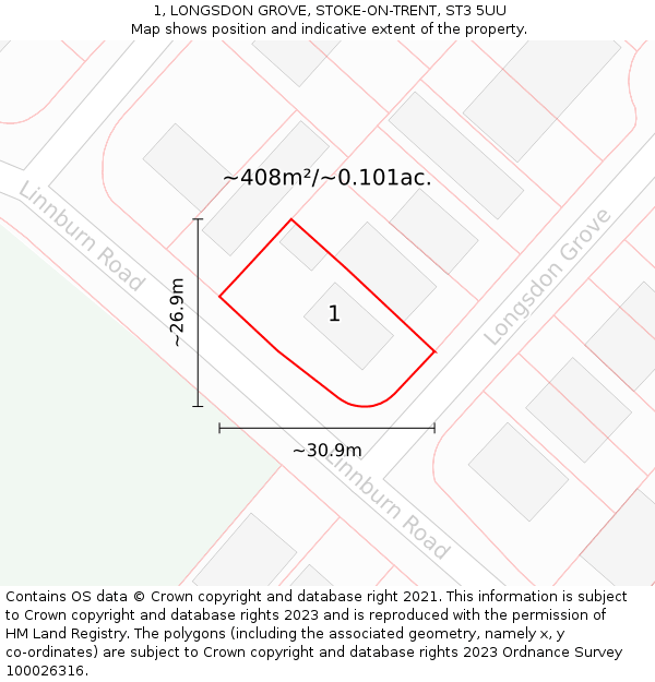 1, LONGSDON GROVE, STOKE-ON-TRENT, ST3 5UU: Plot and title map