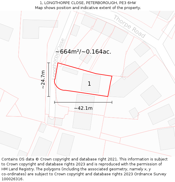 1, LONGTHORPE CLOSE, PETERBOROUGH, PE3 6HW: Plot and title map