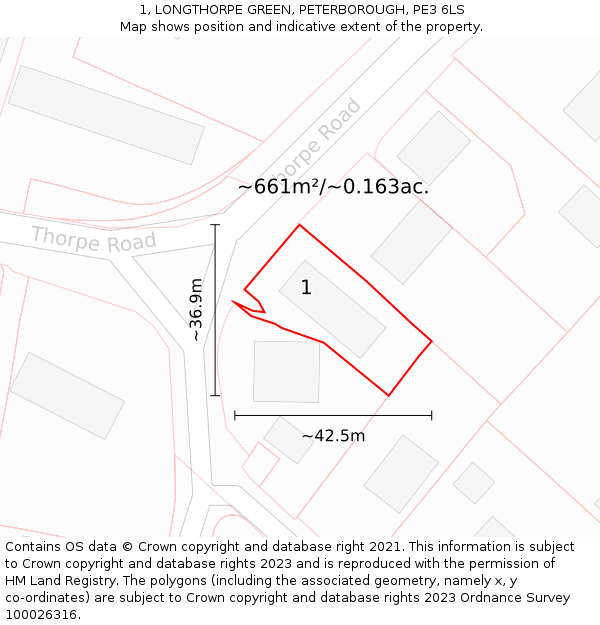 1, LONGTHORPE GREEN, PETERBOROUGH, PE3 6LS: Plot and title map