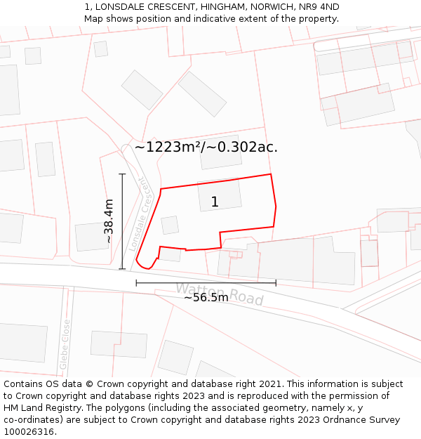 1, LONSDALE CRESCENT, HINGHAM, NORWICH, NR9 4ND: Plot and title map