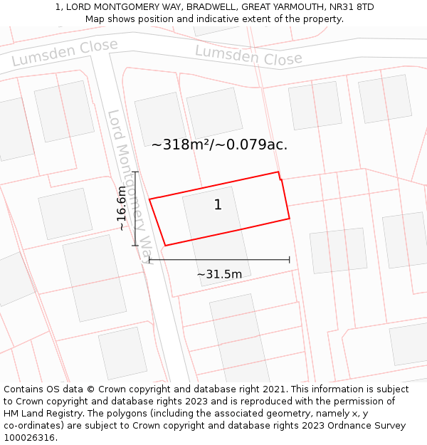 1, LORD MONTGOMERY WAY, BRADWELL, GREAT YARMOUTH, NR31 8TD: Plot and title map