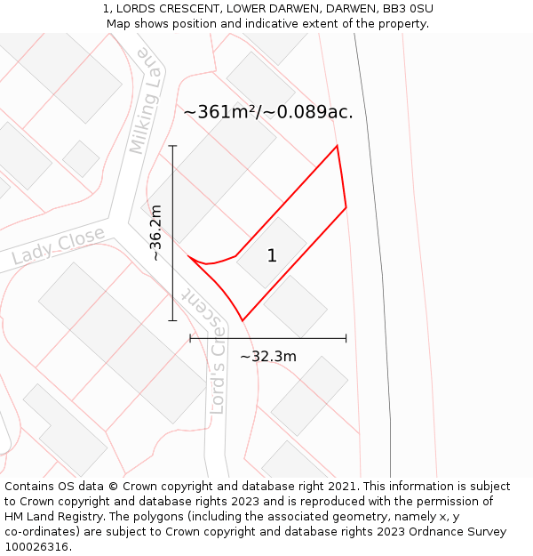 1, LORDS CRESCENT, LOWER DARWEN, DARWEN, BB3 0SU: Plot and title map