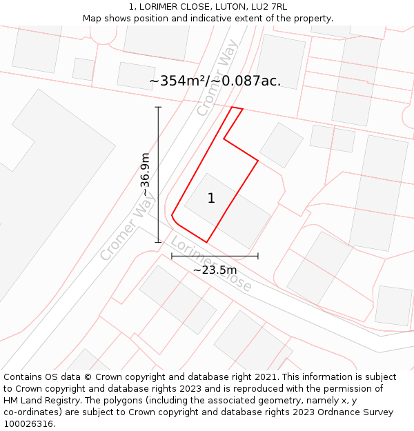 1, LORIMER CLOSE, LUTON, LU2 7RL: Plot and title map