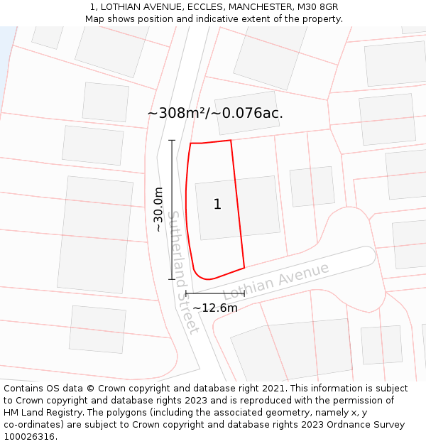 1, LOTHIAN AVENUE, ECCLES, MANCHESTER, M30 8GR: Plot and title map