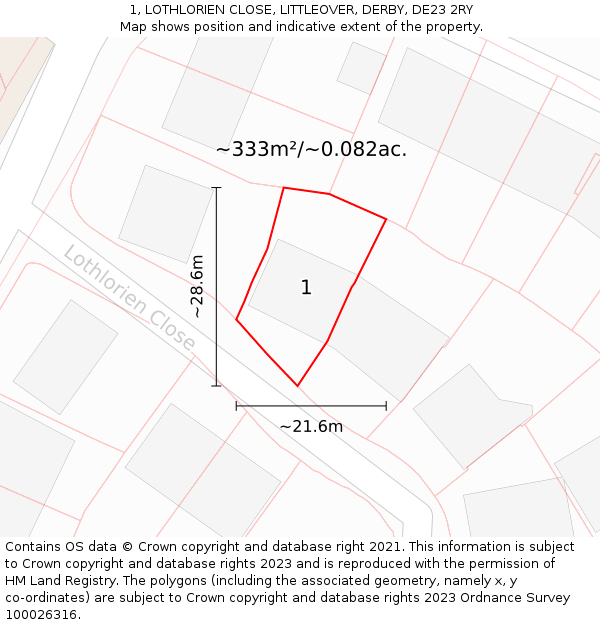 1, LOTHLORIEN CLOSE, LITTLEOVER, DERBY, DE23 2RY: Plot and title map