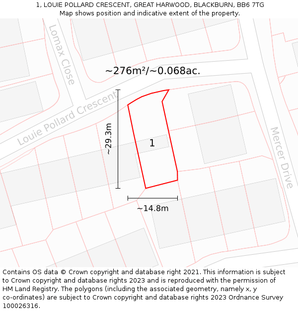 1, LOUIE POLLARD CRESCENT, GREAT HARWOOD, BLACKBURN, BB6 7TG: Plot and title map