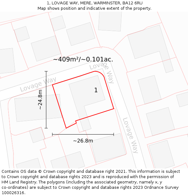 1, LOVAGE WAY, MERE, WARMINSTER, BA12 6RU: Plot and title map