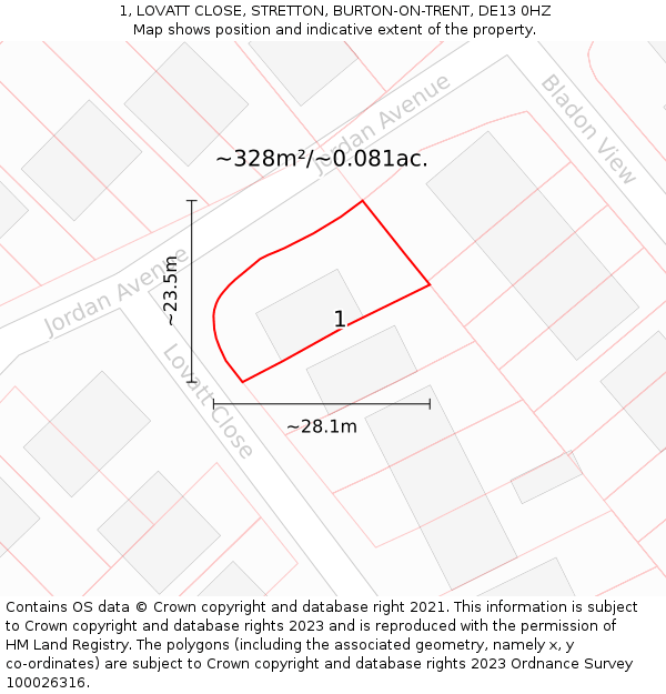 1, LOVATT CLOSE, STRETTON, BURTON-ON-TRENT, DE13 0HZ: Plot and title map