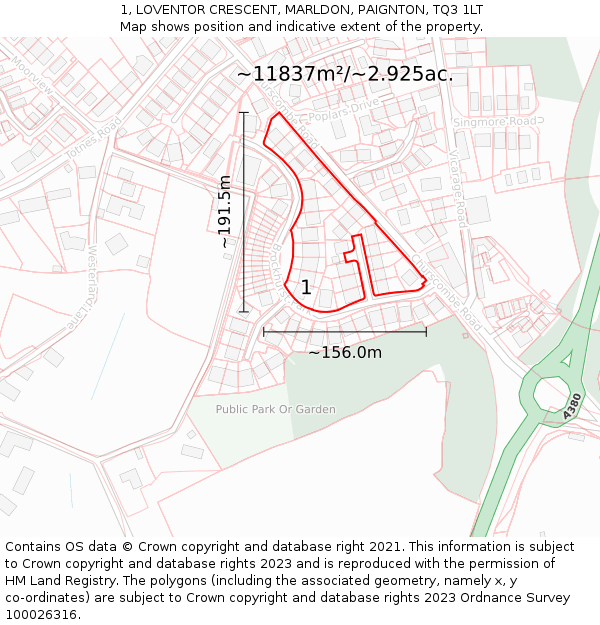 1, LOVENTOR CRESCENT, MARLDON, PAIGNTON, TQ3 1LT: Plot and title map