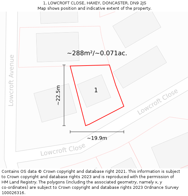 1, LOWCROFT CLOSE, HAXEY, DONCASTER, DN9 2JS: Plot and title map