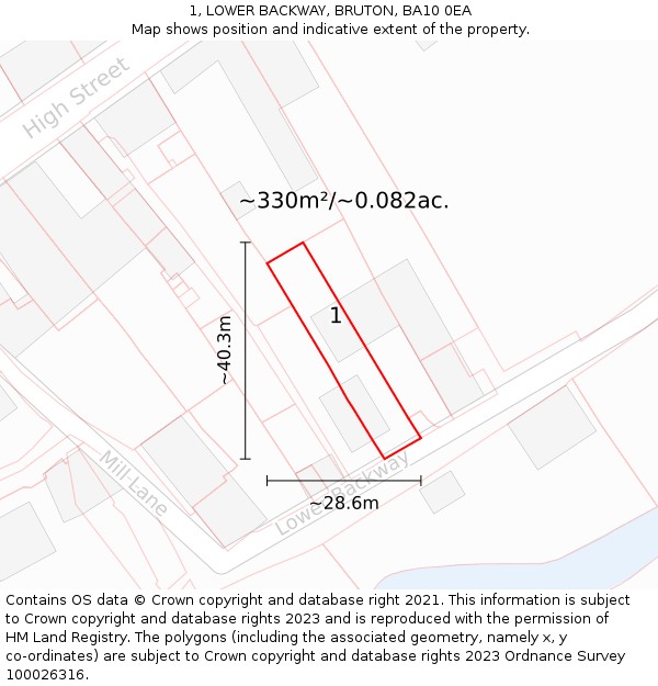 1, LOWER BACKWAY, BRUTON, BA10 0EA: Plot and title map