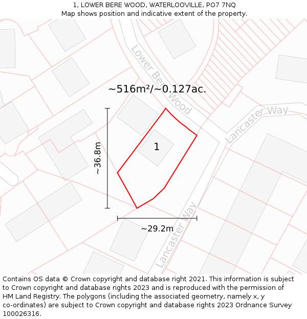 1, LOWER BERE WOOD, WATERLOOVILLE, PO7 7NQ: Plot and title map