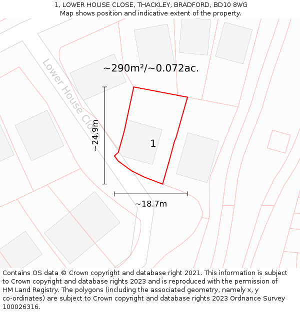 1, LOWER HOUSE CLOSE, THACKLEY, BRADFORD, BD10 8WG: Plot and title map