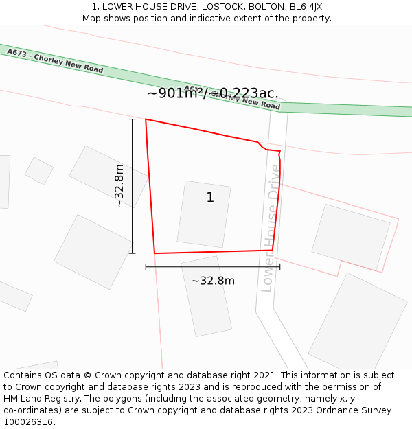 1, LOWER HOUSE DRIVE, LOSTOCK, BOLTON, BL6 4JX: Plot and title map