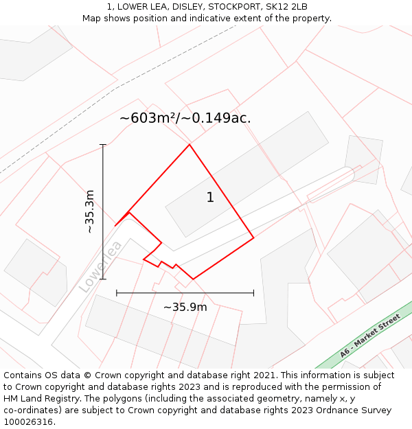 1, LOWER LEA, DISLEY, STOCKPORT, SK12 2LB: Plot and title map