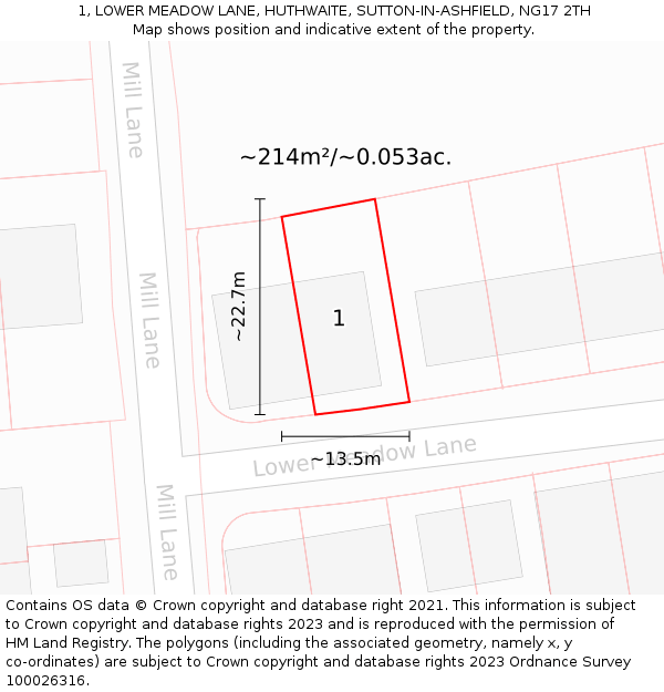 1, LOWER MEADOW LANE, HUTHWAITE, SUTTON-IN-ASHFIELD, NG17 2TH: Plot and title map