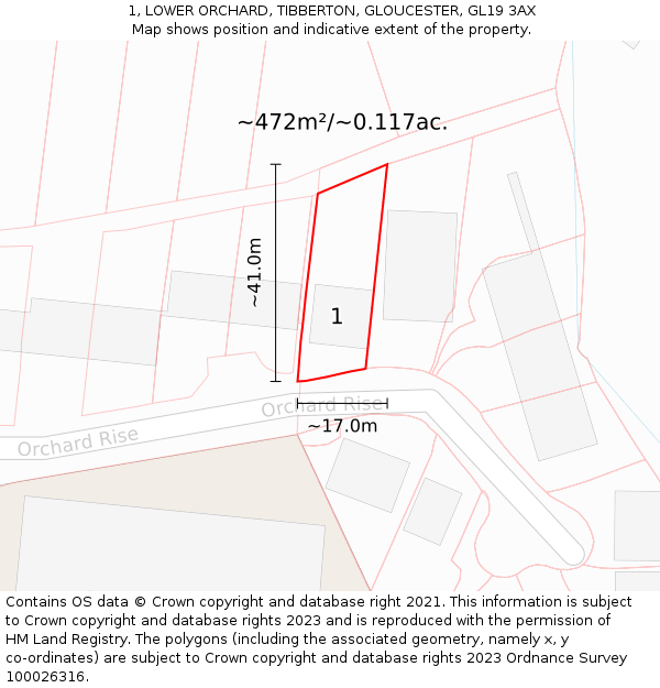 1, LOWER ORCHARD, TIBBERTON, GLOUCESTER, GL19 3AX: Plot and title map