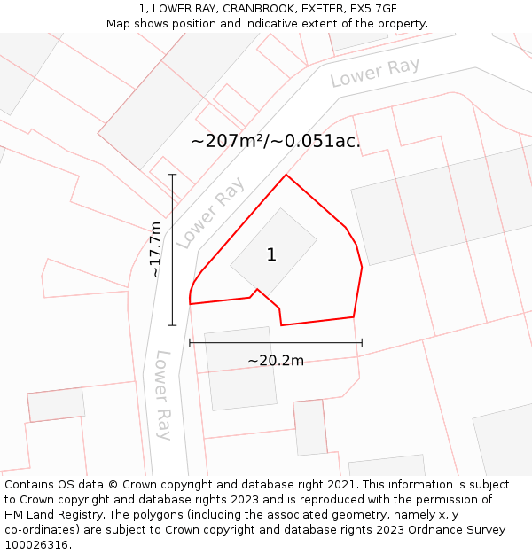1, LOWER RAY, CRANBROOK, EXETER, EX5 7GF: Plot and title map