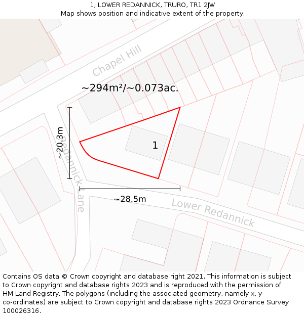 1, LOWER REDANNICK, TRURO, TR1 2JW: Plot and title map