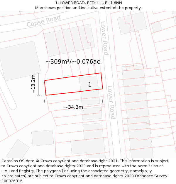 1, LOWER ROAD, REDHILL, RH1 6NN: Plot and title map