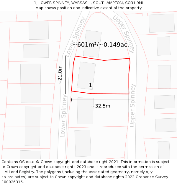 1, LOWER SPINNEY, WARSASH, SOUTHAMPTON, SO31 9NL: Plot and title map