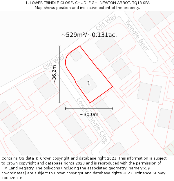 1, LOWER TRINDLE CLOSE, CHUDLEIGH, NEWTON ABBOT, TQ13 0FA: Plot and title map
