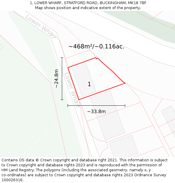 1, LOWER WHARF, STRATFORD ROAD, BUCKINGHAM, MK18 7BF: Plot and title map