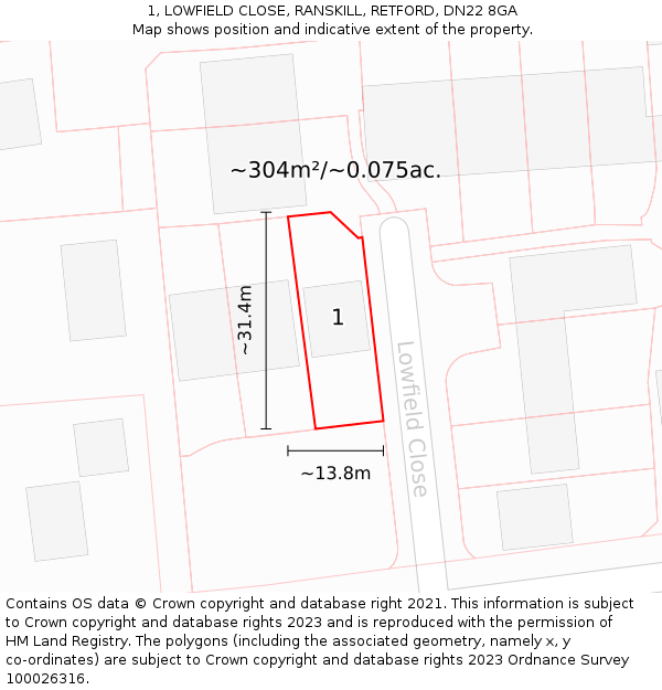 1, LOWFIELD CLOSE, RANSKILL, RETFORD, DN22 8GA: Plot and title map