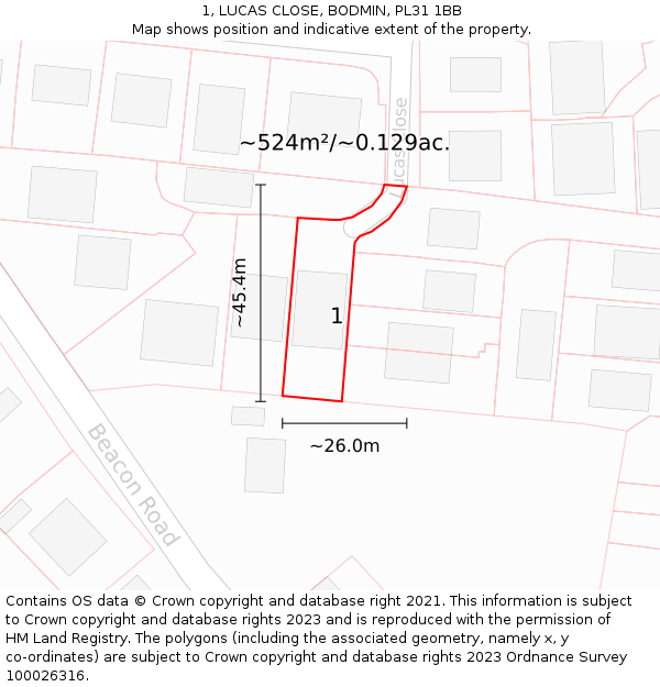 1, LUCAS CLOSE, BODMIN, PL31 1BB: Plot and title map