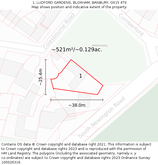 1, LUDFORD GARDENS, BLOXHAM, BANBURY, OX15 4TS: Plot and title map