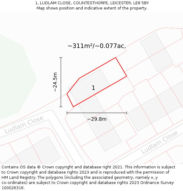 1, LUDLAM CLOSE, COUNTESTHORPE, LEICESTER, LE8 5BY: Plot and title map