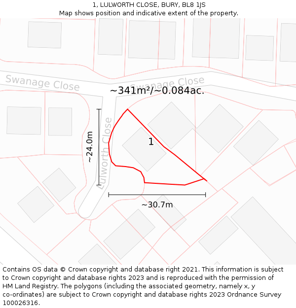 1, LULWORTH CLOSE, BURY, BL8 1JS: Plot and title map