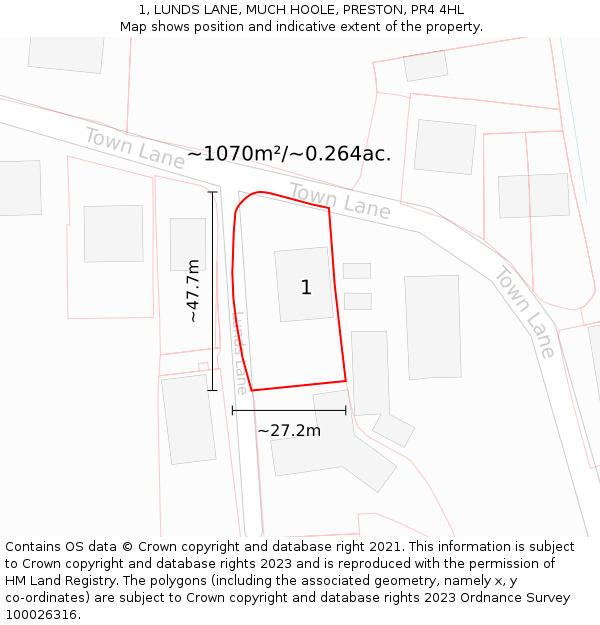 1, LUNDS LANE, MUCH HOOLE, PRESTON, PR4 4HL: Plot and title map