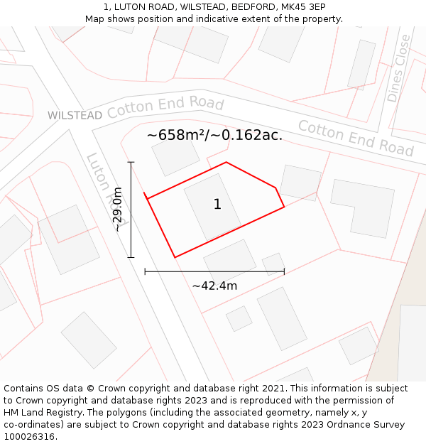 1, LUTON ROAD, WILSTEAD, BEDFORD, MK45 3EP: Plot and title map