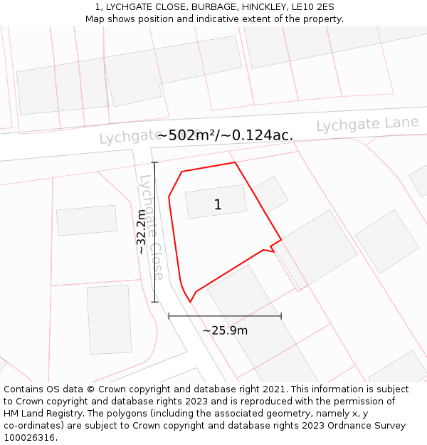 1, LYCHGATE CLOSE, BURBAGE, HINCKLEY, LE10 2ES: Plot and title map