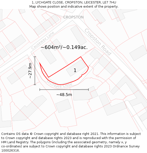 1, LYCHGATE CLOSE, CROPSTON, LEICESTER, LE7 7HU: Plot and title map