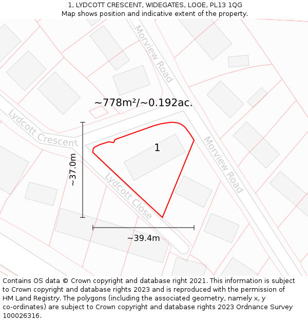 1, LYDCOTT CRESCENT, WIDEGATES, LOOE, PL13 1QG: Plot and title map